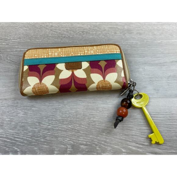 Fossil Key Per Women's Brown Canvas Floral Bi-Fold Zip Around Clutch Wallet - Picture 1 of 6